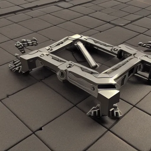 Prompt: hard surface, robotic platform, based on cube, 6 claws, symmetric, unreal engine