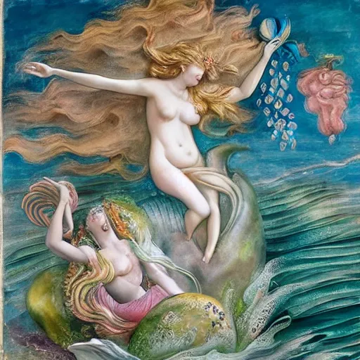 Image similar to The mixed media art depicts the goddess Venus, who is born from the sea, being blown towards the shore by the wind god Zephyr. On the shore, the goddess of love, beauty, and fertility, is greeted by the nymphs who attend to her. The mixed media art is a masterful example of use of color, light, and perspective. The figures are depicted in graceful poses, and the overall effect is one of serenity and beauty. white by Heather Theurer mournful