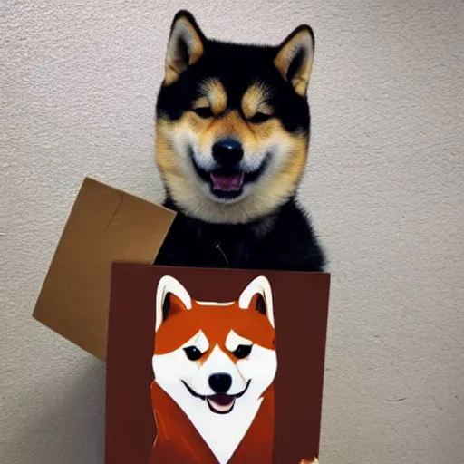 Prompt: photo of a homeless shiba inu holding up a cardboard sign