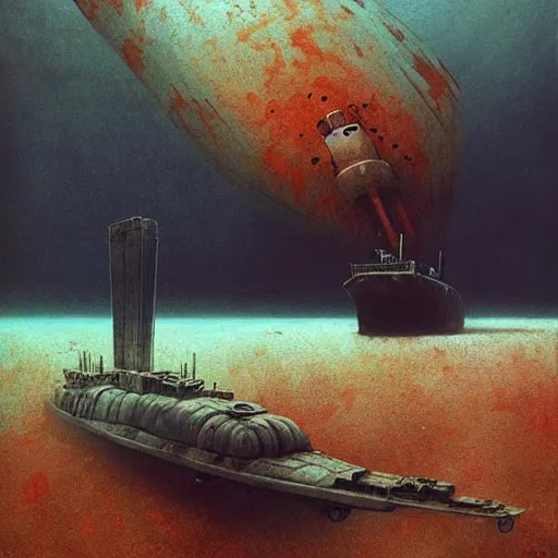 Prompt: underwater rover footage of shipwrecked soviet submarine dark fantasy, intricate, smooth, artstation, Wayne Barlowe, zdislav beksinski