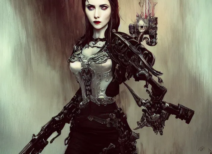 Image similar to beautiful pale gothic maiden with sword killing Nicolas Cage, warhammer 40000, cyberpunk, intricate, elegant, highly detailed, digital painting, artstation, concept art, smooth, sharp focus, illustration, art by artgerm and greg rutkowski and alphonse mucha and Gustav Klimt and Ilya Kuvshinov