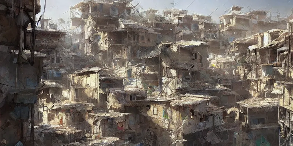 Image similar to hyper realistic, beautiful syrian slums village, concept art for videogames, painted by greg rutkowski, highly detailed,