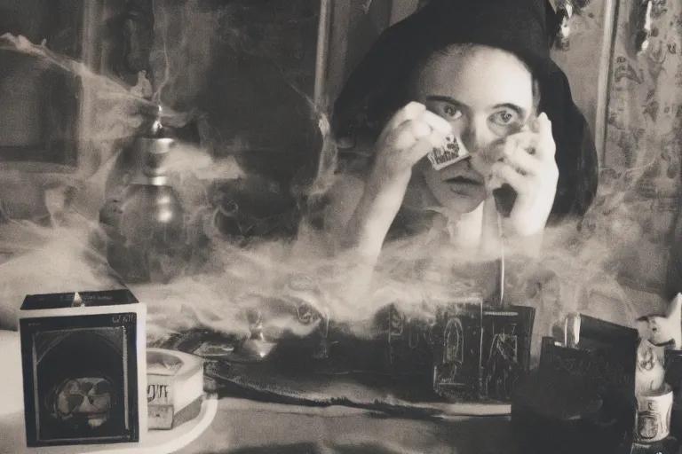 Prompt: polaroid 1 9 8 0's photo, close up portrait, dramatic lighting, concentration, calm confident teen witch and her cat with tarot card on the table in front of her, incense smoke fills the air, a witch hat and cape, apothecary shelves in the background, still from harry potter