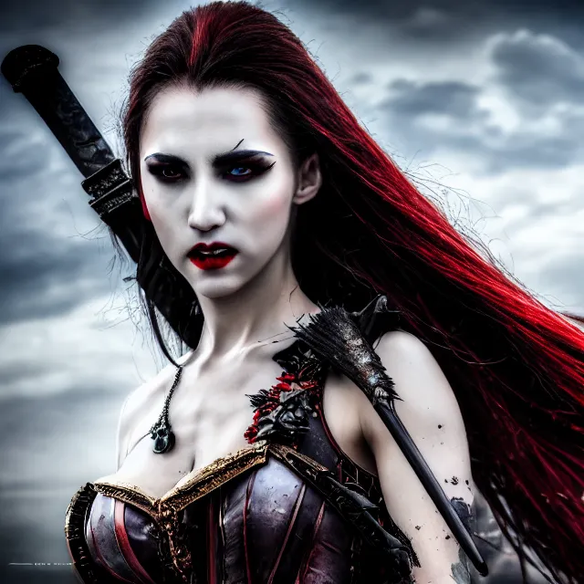 Image similar to photo of a beautiful! vampire warrior queen highly detailed 8 k hdr smooth sharp focus high resolution award - winning photo