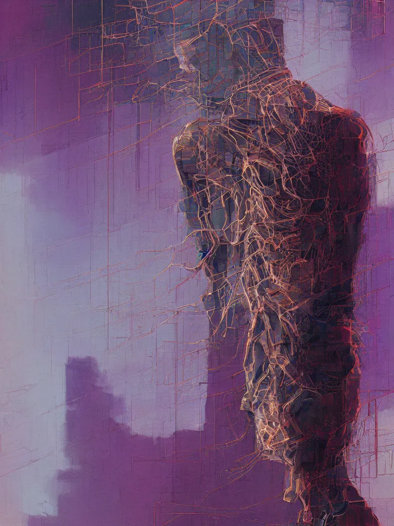 Image similar to a beautiful glitched architectural study painting by peter vahlefeld of a glitched human nervous system by robert proch, color bleeding, pixel sorting, copper oxide material, brushstrokes by jeremy mann, studio lighting, pastel purple background, square glitches