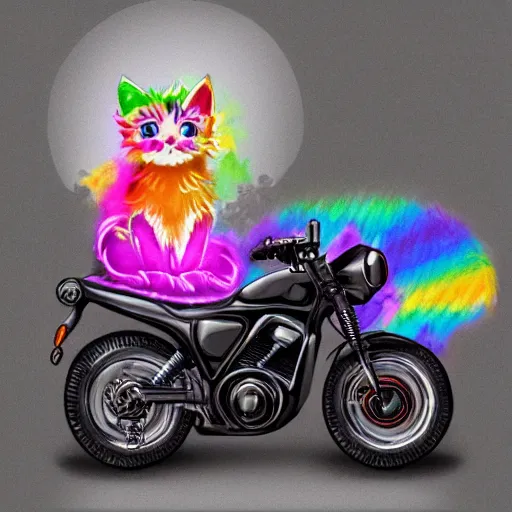 Image similar to wide angle full body, jacket wearing fluffy cute rainbow kitten wearing a black leather motorcycle jacket, riding on a motorcycle, cinematic concept art