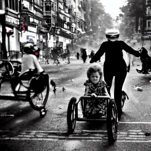 Image similar to queen elizabeth riding a tiny tricycle through a street riot, bokeh, high contrast, low angle