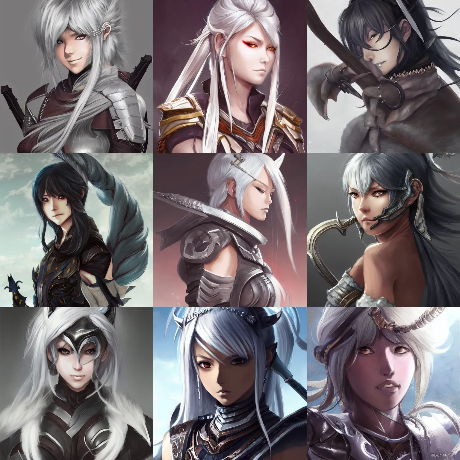 Prompt: An anime portrait of Ssunbiki as a silver-haired huntress with dark skin from Skyrim, by Stanley Artgerm Lau, WLOP, Rossdraws, James Jean, Andrei Riabovitchev, Marc Simonetti, and Sakimichan, trending on artstation