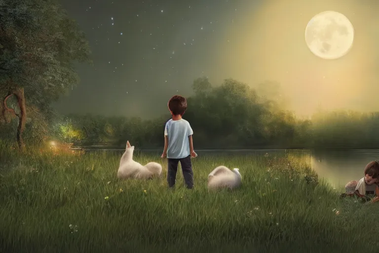 Prompt: portrait of a little boy and his cat, photorealistic face and skin tones, dreamy moonlit nightscape by the garden, lake house, smooth, matte painting, trending on artstation, 4 k, 8 k