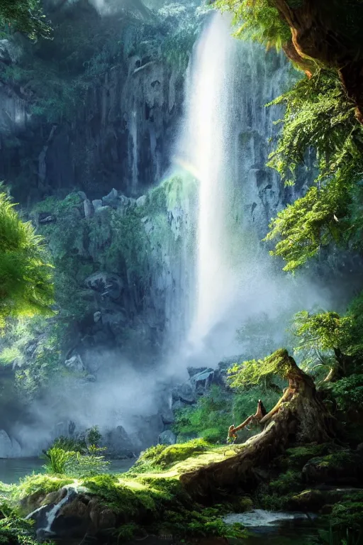 Prompt: low angle shot of a beautiful huge waterfall with black sparkling water, lovely valley, lush trees, by James Gurney, by Greg Rutkowski, concept art, volumetric lighting, intricate, vivid colors, octane render, trending on artstation, 8k