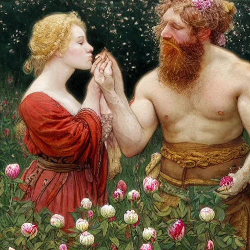 Image similar to a white skinned red bearded viking and an brown skinned princess kiss in a field of peonies, masterpiece, highly detailed, oil on canvas, art by rebecca guay