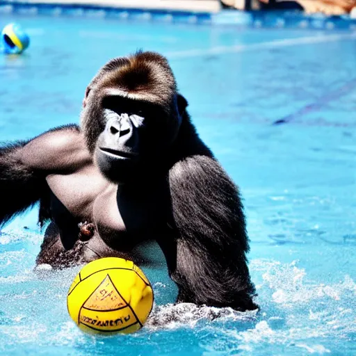 Image similar to back side photograph of a silverback gorilla throwing a ball to a water polo goalkeeper