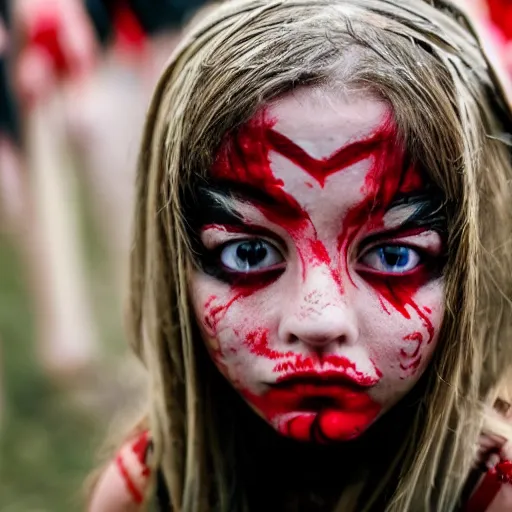 Prompt: a young evil little girl with red eyes during a pagan ceremony