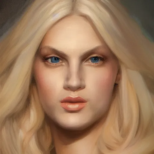 Image similar to a portrait of a blonde woman with strong features, dramatic lighting, oil painting, pale colors, high detail, 8 k, wide angle, trending on artstation,