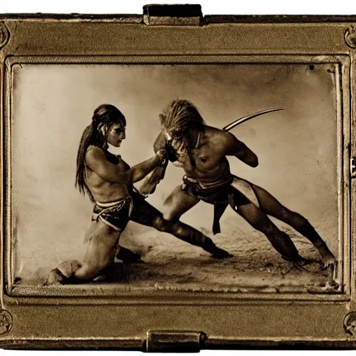Image similar to amazonian warrior woman fistfighting spartan man, brutal fight, mixed - gender fight, fighting pit, sparta, daguerreotype photograph