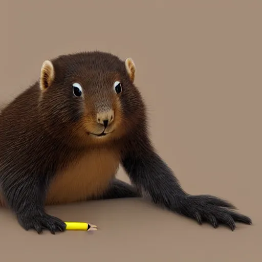 Image similar to cute anthro brown marmot in a black tuxedo while holding a yellow pencil in the left hand, pixar character, digital art, 3 d rendered in octane, blender, maya, shadows, lighting