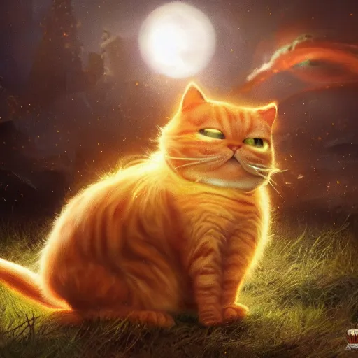 Prompt: garfield the cat at the end of time, hyper realistic, explosion in background, trending on artstation