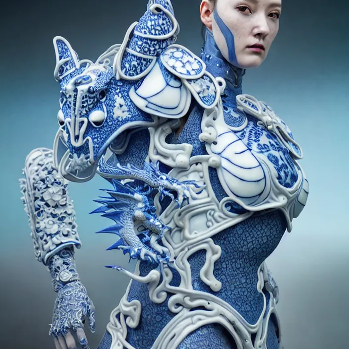 Image similar to porcelain cyborg armor, Chinese Kangxi Blue and white dragon pattern porcelain, diffuse lighting, fantasy, intricate, elegant, highly detailed, lifelike, photorealistic, digital painting, artstation, illustration, concept art, smooth, sharp focus, art by John Collier and Albert Aublet and Krenz Cushart and Artem Demura and Alphonse Mucha