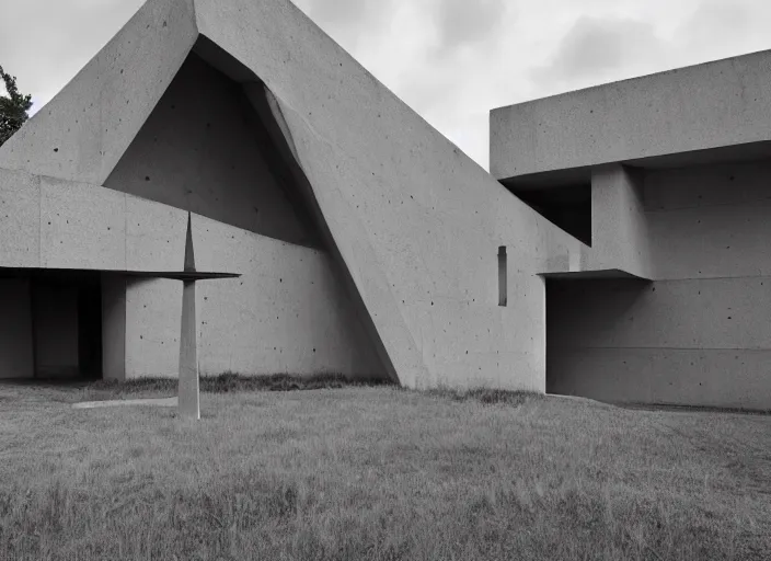 Prompt: a brutalist chapel, outside view, futuristic