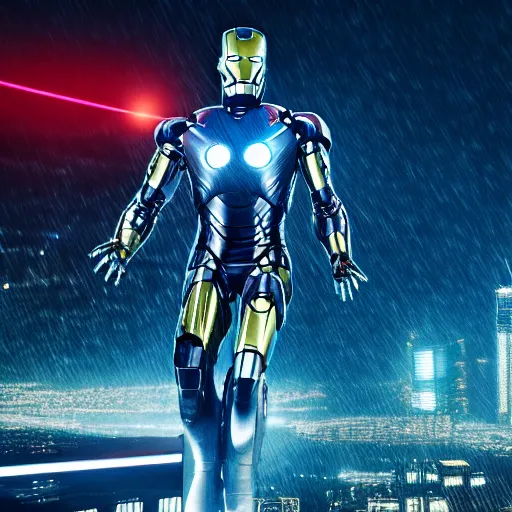 Image similar to A hyperdetailed photograph of a silver suit Iron Man flying through the skies of a cyberpunk, futuristic city, night, dense fog, rain, HD, 8K resolution