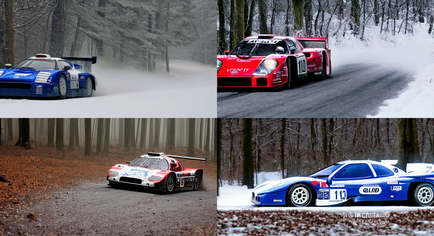 Prompt: a 1 9 9 8 nissan r 3 9 0 gt 1 road car, racing through a rally stage in a snowy forest