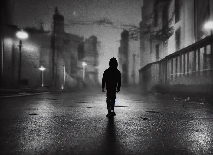 Image similar to boy from the back with a black hoodie, in the sky an illuminated angel stares at him, empty city street at night, heavy rain, cars parked, dramatic lighting, cinematic, establishing shot, extremly high detail, photorealistic, cinematic lighting, post processed