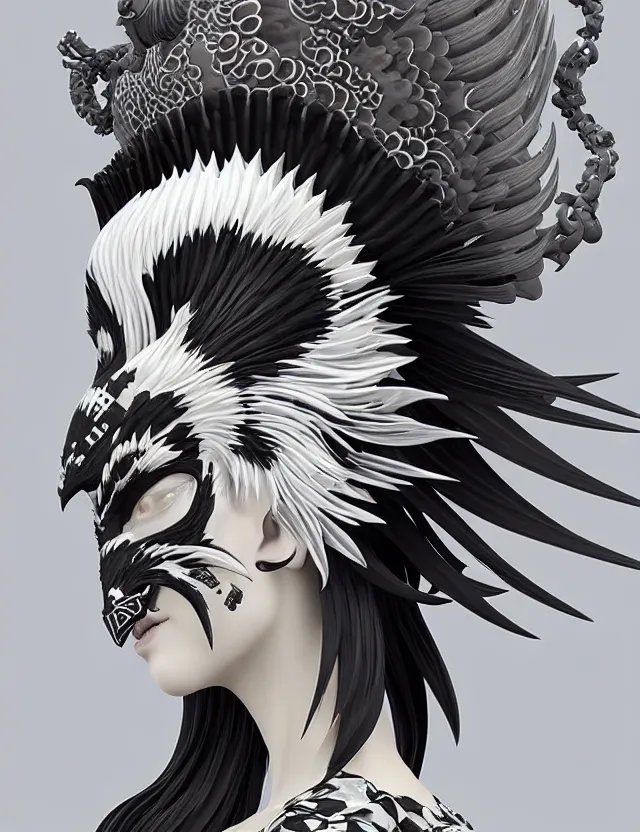 Image similar to 3 d goddess close - up profile simple portrait punk with mohawk with ram skull. beautiful intricately detailed japanese crow kitsune mask and clasical japanese kimono. betta fish, jellyfish phoenix, bio luminescent, plasma, ice, water, wind, creature, artwork by tooth wu and wlop and beeple and greg rutkowski