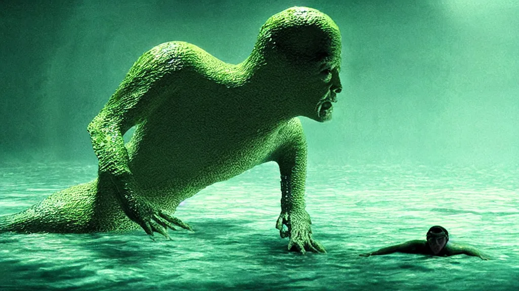 Prompt: the creature swims, water caustics, film still from the movie directed by denis villeneuve and david cronenberg with art direction by salvador dali and dr. seuss