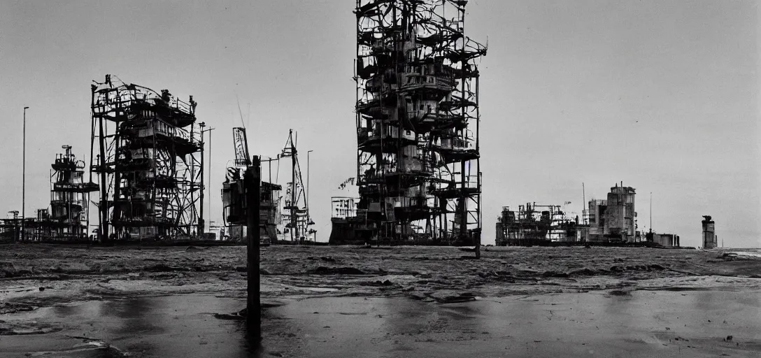 Image similar to apocaliptic Portrait of the city of Mar del Plata with a offshore oil dripping , by stephen Shore and Arthur Adams , epic composition 35mm, 8k