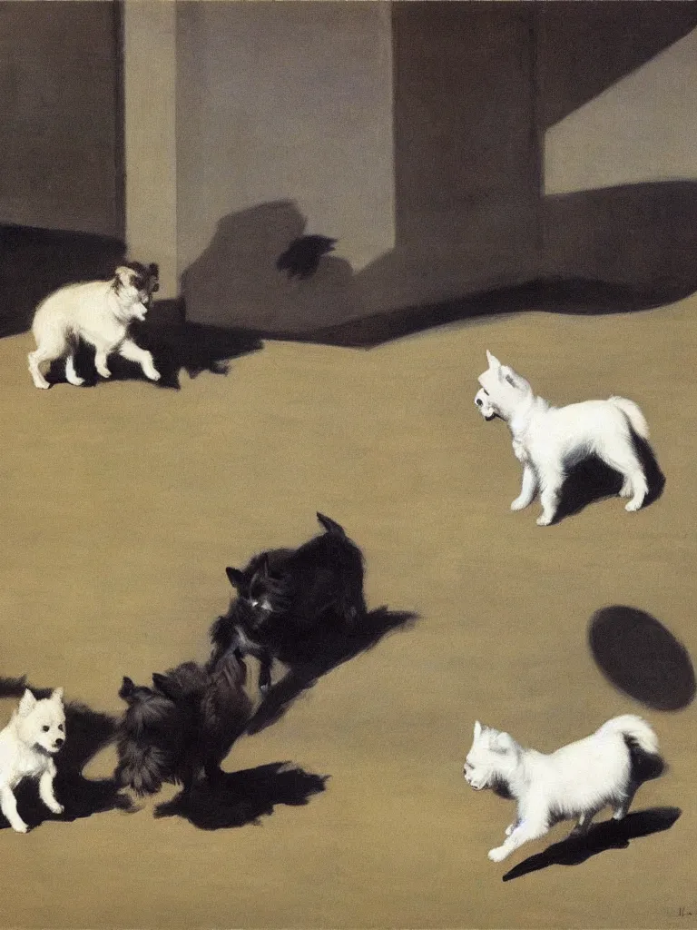 Prompt: a single gray german spitz fights a single white west highland terrier, by edward hopper