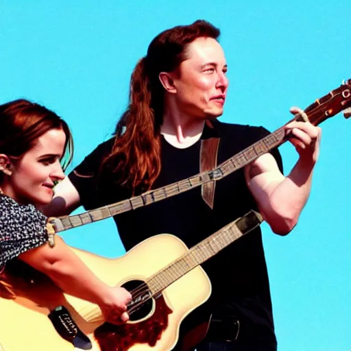 Image similar to elon musk & emma watson performing at woodstock