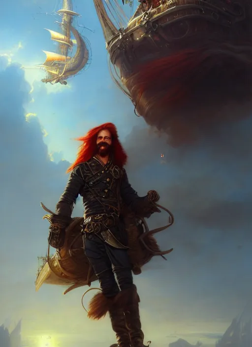 Prompt: portrait painting of a long hair red hair male pirate in front of steampunk airship in the sky by raphael lacoste and stephan martiniere greg rutkowski gaston bussiere fantasy soft hair trending on artstation key art dramtic volumetric lighting, 4 k, award winning