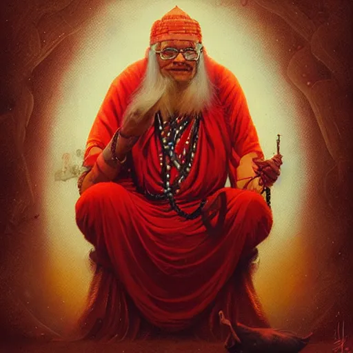 Image similar to wise old Indian guru, red and gold, by Anato Finnstark, Tom Bagshaw, Brom