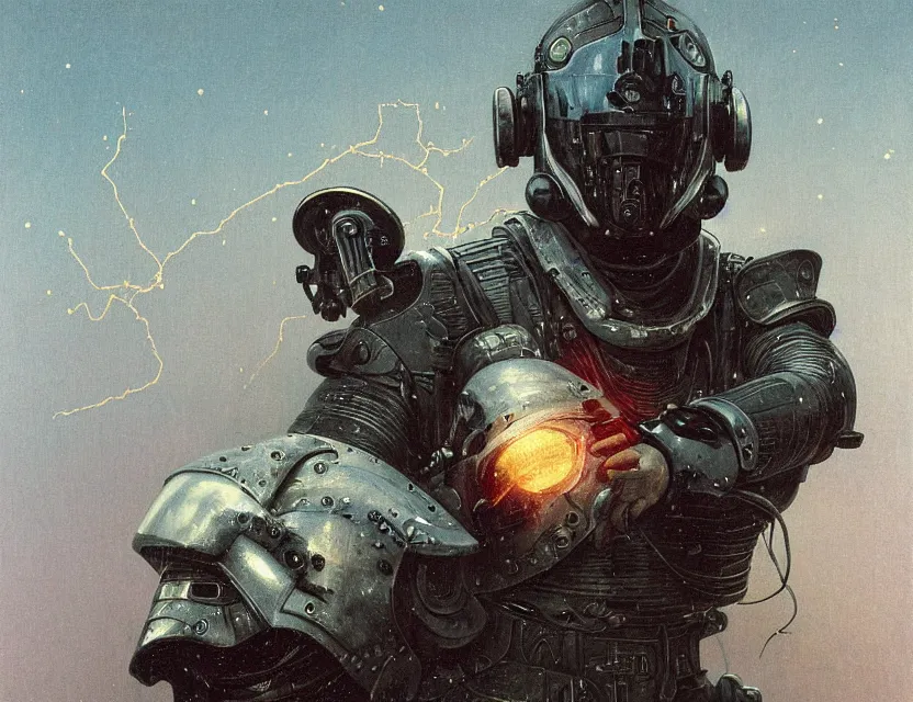 Prompt: a detailed portrait painting of a bounty hunter in combat armour and visor. cinematic sci-fi poster. Flight suit and wires, accurate anatomy. Samurai influence, knight influence. fencing armour. portrait symmetrical and science fiction theme with lightning, aurora lighting. clouds and stars. Futurism by beksinski carl spitzweg moebius and tuomas korpi. baroque elements. baroque element. intricate artwork by caravaggio. Oil painting. Trending on artstation. 8k