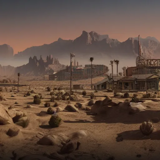 Prompt: Matte painting of of New Vegas in the middle of the Mojave wasteland 4k detailed