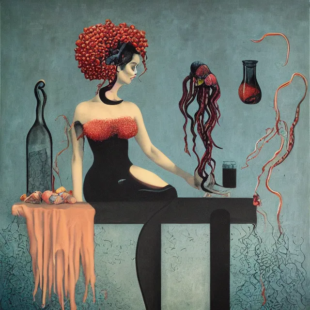 Prompt: sensual, a dark apartment with black walls, portrait of a mermaid holding an octopus, berries dripping juice, pomegranate, jellyfish, seaweed, berries, trash, starfish, coral, rocks, seaweed, empty pet bottles, scientific glassware, by magritte, neo - expressionism, surrealism, acrylic and spray paint and oilstick on canvas