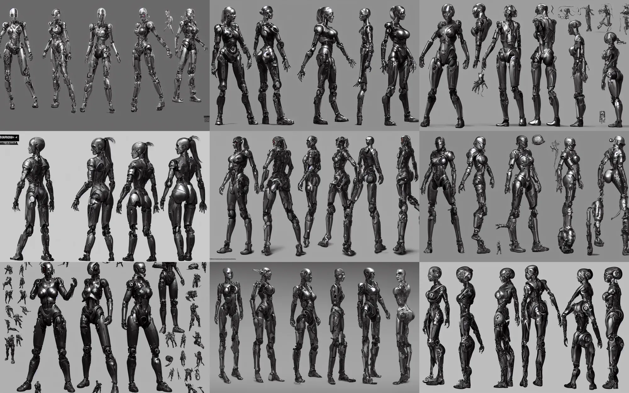 Prompt: badass girl cyborg, character sheet, turnaround, whole body, whole figure, toy, character design, reference model sheet, by hieronymus bosch and wlop and artgerm, unreal engine 5, metahumans