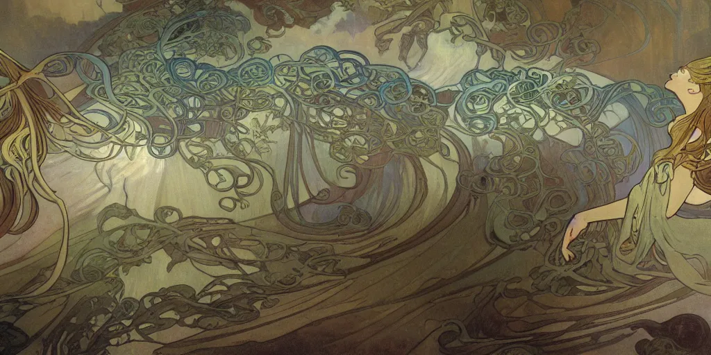 Prompt: photorealistic epic landscape with swirls of mist by alphonse mucha. ominous clouds, intense light beams, strange levitating stones, stones falling from the sky, delicate swirls of mist by alphonse mucha. occult photorealism, uhd, amazing depth, glowing, volumetric lighting, cinematic lighting.