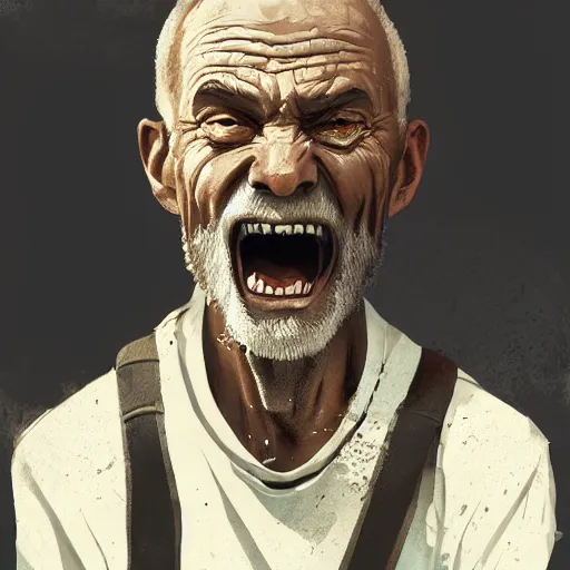 Image similar to old man portrait, grenade in his teeth, flat background, greg rutkowski gta san andreas art