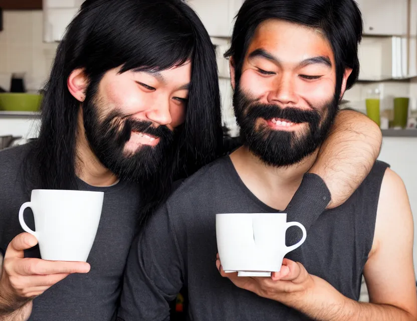 Prompt: asian with a beard treats a guy with long black hair with a cup of tea by kezie demessance