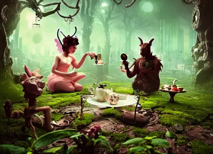 Prompt: tiny mechanical fairy having tea with a minotaur in a magical forest, having tea with a giant minotaur. Very detailed 8k. Fantasy cyberpunk horror. Sharp. Cinematic post-processing