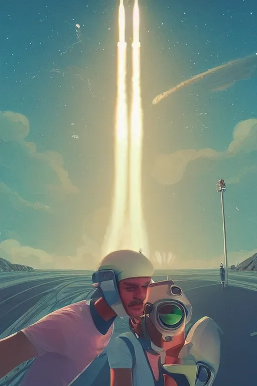 Image similar to two people take a selfie at a rocket launch, retro, soft colours, on a far planet, futuristic space port, artstation, concept art, smooth, sharp focus, illustration,