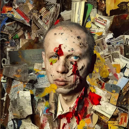 Image similar to hyperrealistic, photorealistic, mixed media oil painting of brother theodore, magazine scraps, plaster, blood, oil, mustard, cigarettes, splatter, trending on artstation, award - winning painting, greg rutkowski, basquiat, ralph steadman, terry gilliam