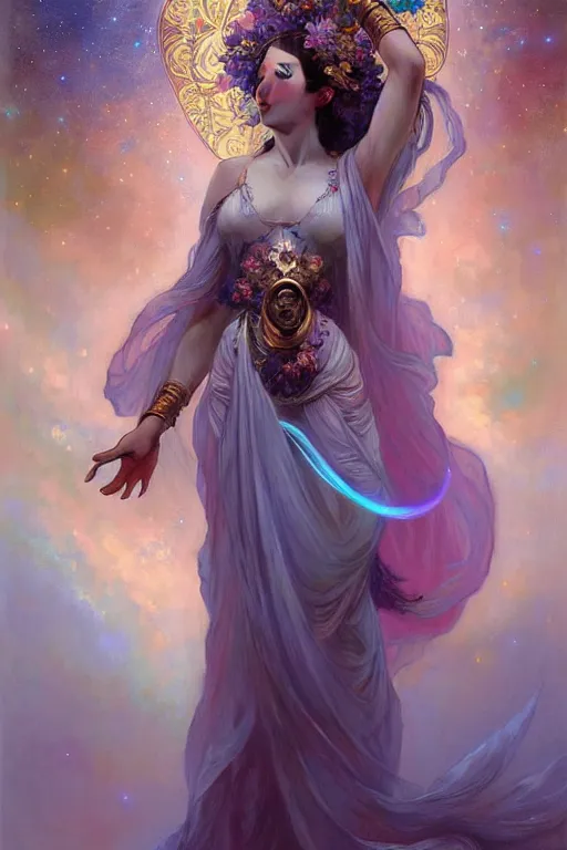 Prompt: Full view realistic ethereal stunning Celestial Goddess of cosmic nebula in a beautiful dress, 4k digital painting masterpiece by Mandy Jurgens and Ruan Jia, ornate Iconography background in the style of Alphonse Mucha, tarot card, amazing, magnificent, mystical, Hyperdetailed, award winning art, Ross Tran, wlop, Artgerm, Craig Mullins, detailed and realistic, soft lighting, intricate details, realistic, full view, Artstation, CGsociety