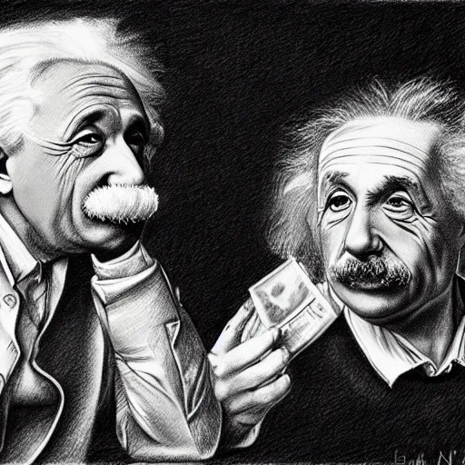 Image similar to Einstein and Newton speaks each other on a topic, pencil drawing, ultra detailed