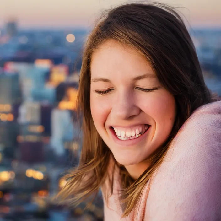 Prompt: a beautiful girl from minnesota, brunette, joyfully smiling at the camera with her eyes closed. morning hour, plane light, portrait, minneapolis as background.
