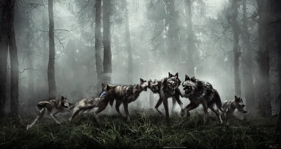 Prompt: an epic action concept masterpiece of a rabid wolfpack, in a forest made of nightmares, inspired by sd ai. horrific digital art, extremely moody lighting