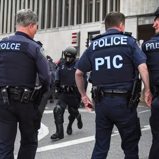 Image similar to fbi director Christopher wray getting arrested by police agents, photo 85mm, f/1.3