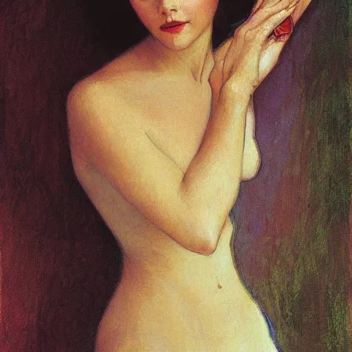 Image similar to photo portrait of a beautiful woman by gil elvgen, greg manchess, mucha