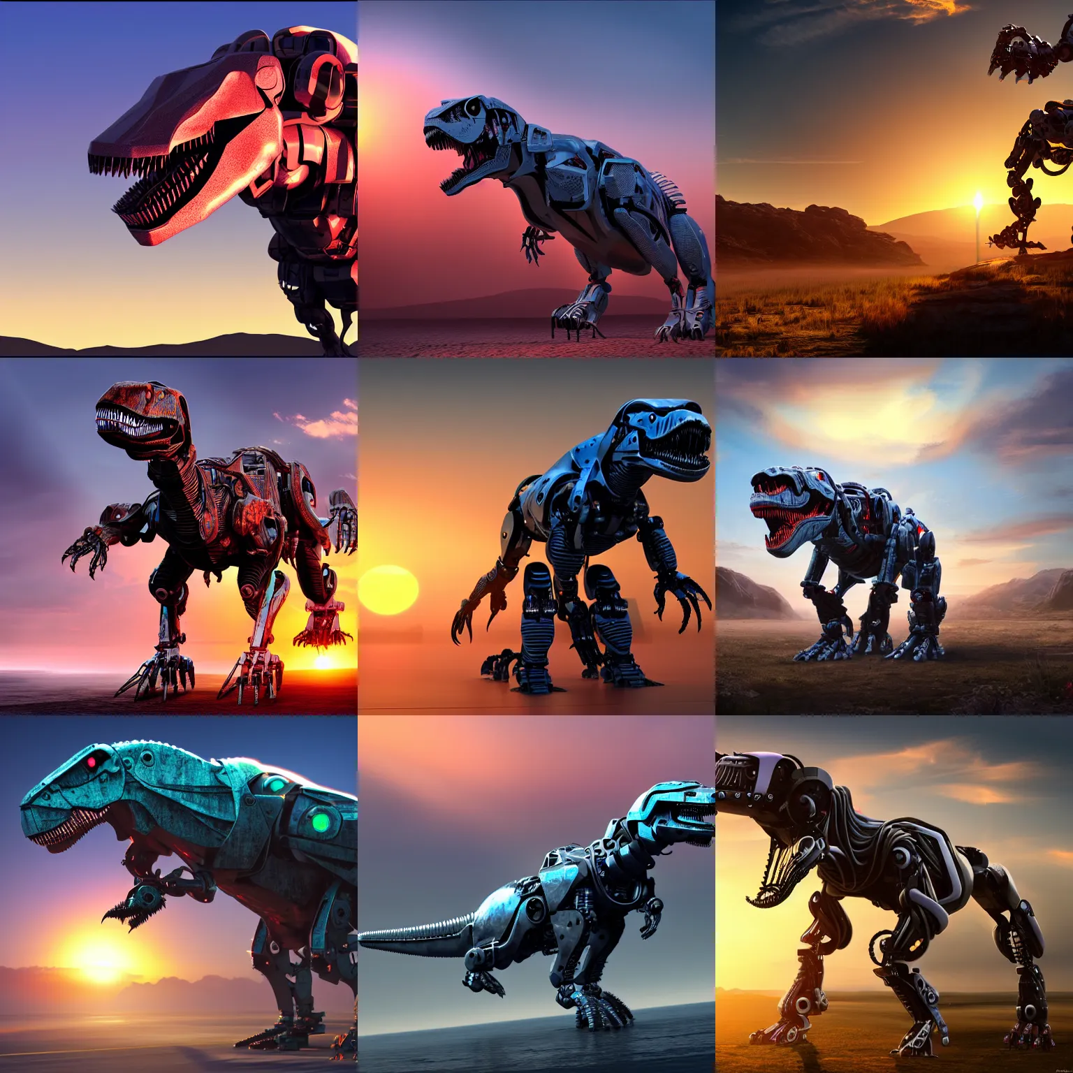 Prompt: A Futuristic Robo-T-Rex, 4K, Photorealistic, Sunset